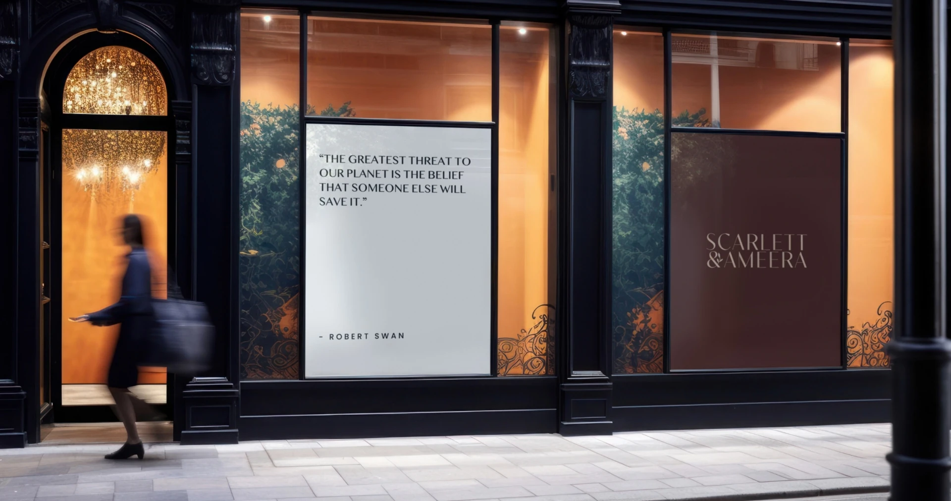 Luxury retail storefront with large environmental signage and quote display.