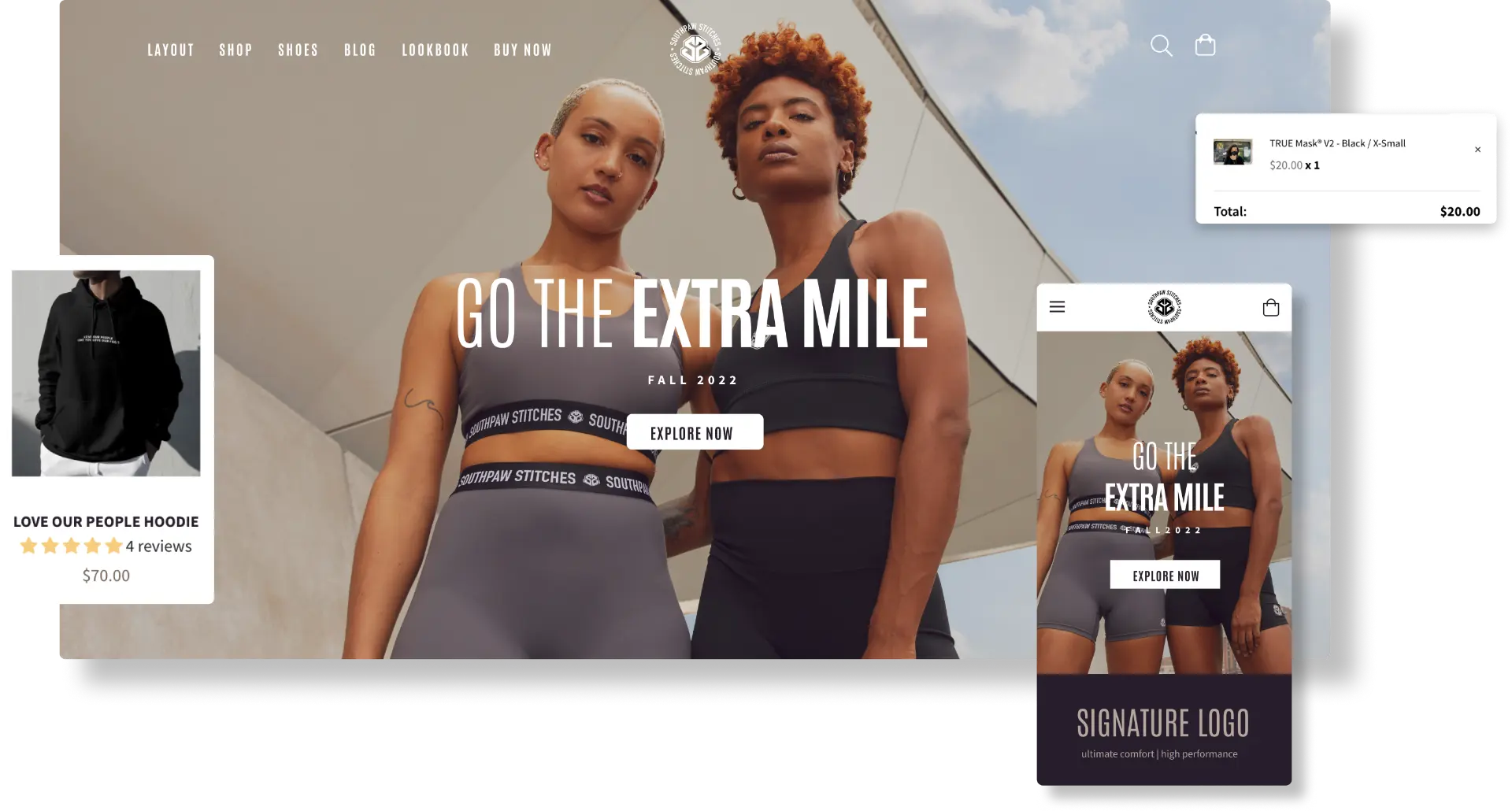 Southpaw Stitches ecommerce storefront shown across desktop, mobile, product card, and cart UI.