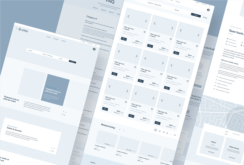 Urbain wireframes for search results, listing detail, FAQ, and safety and security pages.