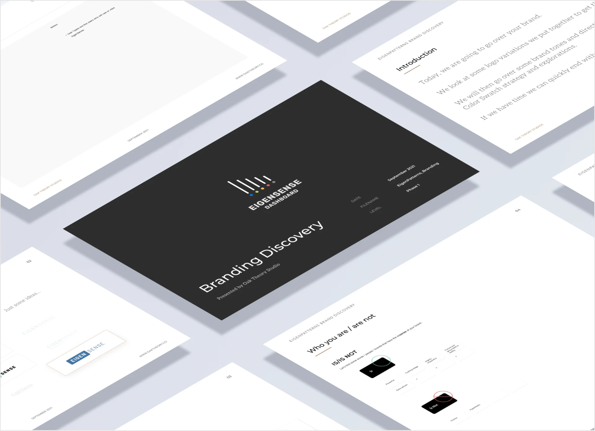 Eigen Sense branding and product discovery deck presented by Oak Theory.