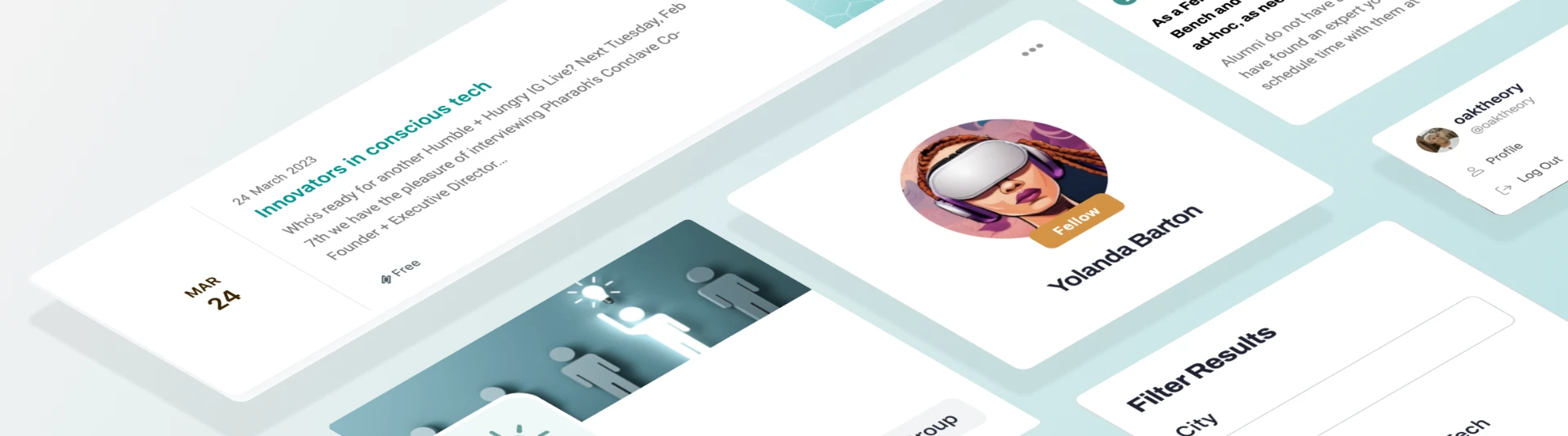 Camelback Ventures resource library interface details — event cards, member profiles, and filters.