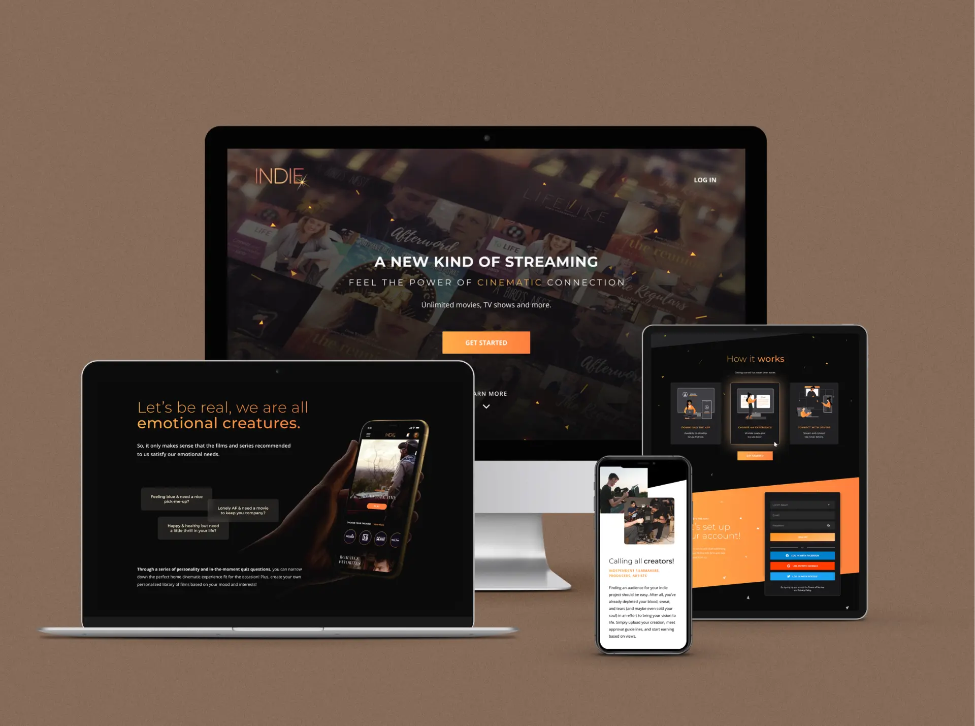 Indie Sparxs streaming platform shown across desktop, tablet, and mobile.
