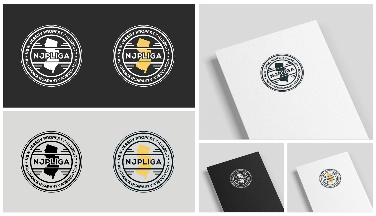 NJPLIGA logotype variations shown in navy, black, white, and gold on stationery mockups.