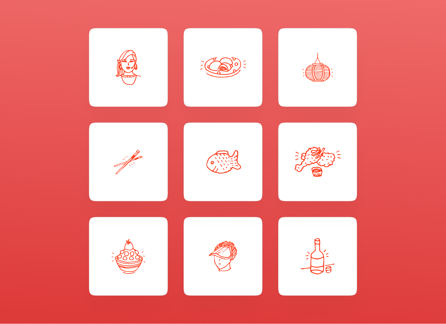 Ktown custom Korean food iconography set including lanterns, chopsticks, bingsu, and soju.