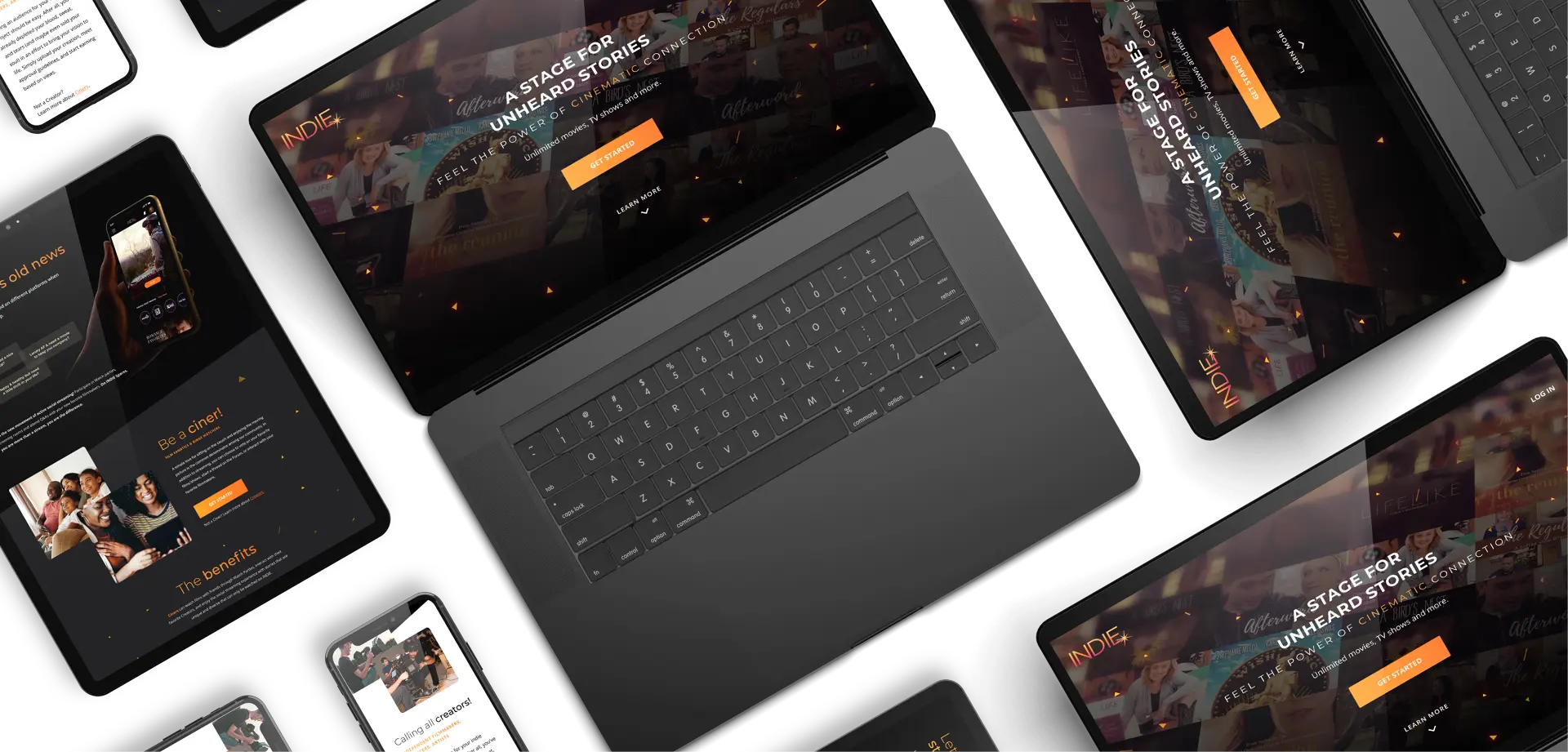 Angled collage of Indie Sparxs marketing pages across laptop, tablet, and phone screens.