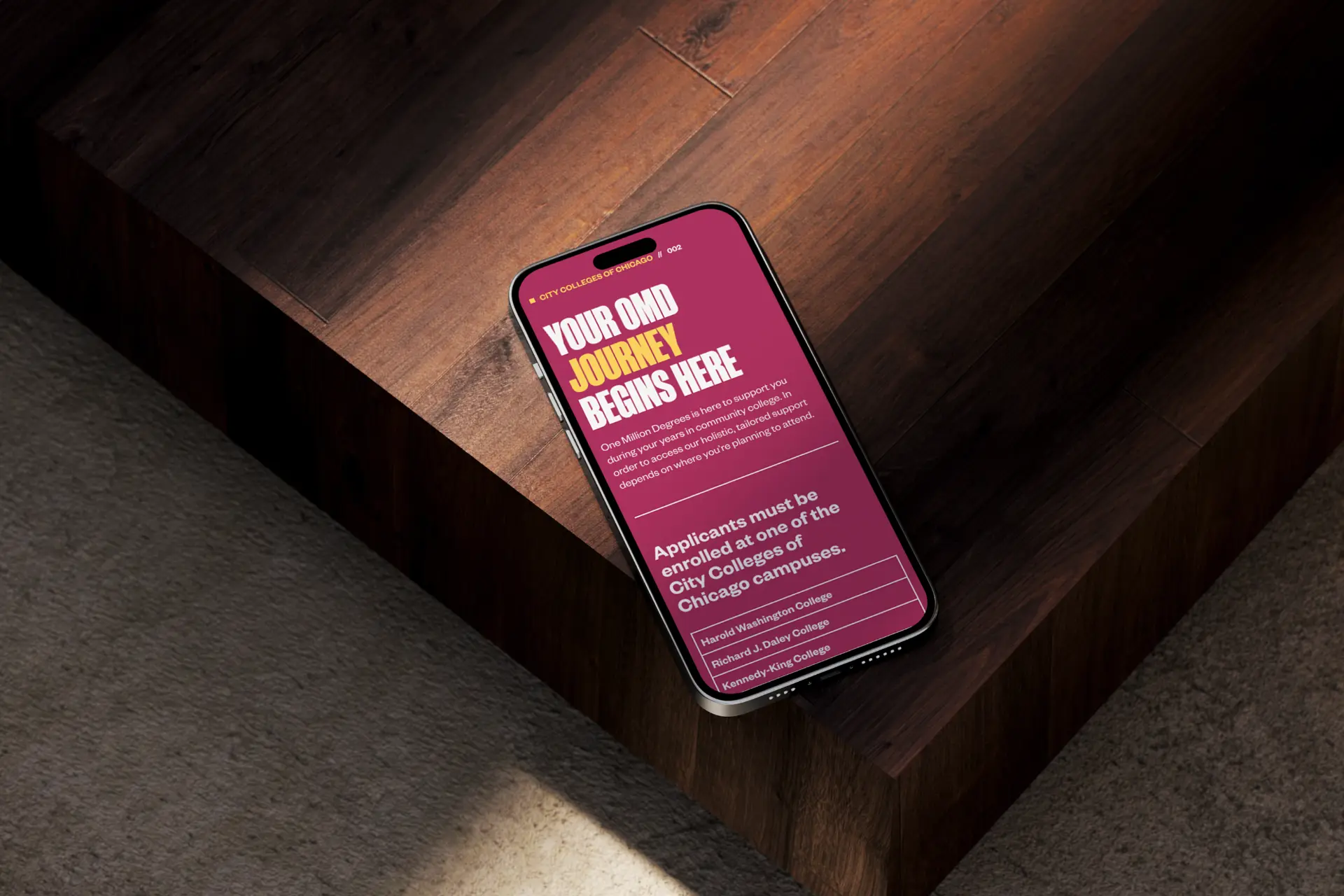 One Million Degrees scholar application page on a mobile phone.
