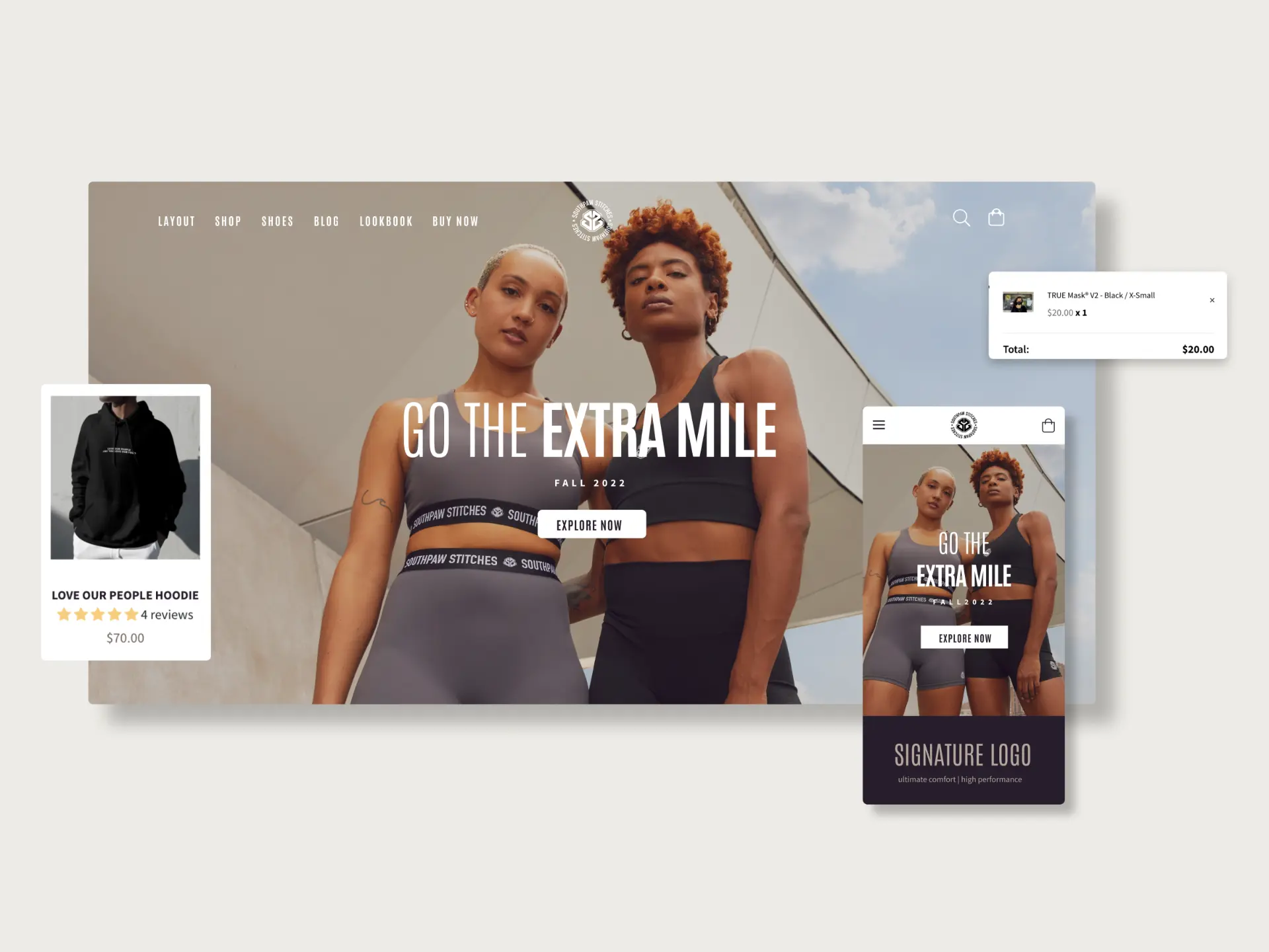 Southpaw Stitches Shopify storefront shown on desktop and mobile.