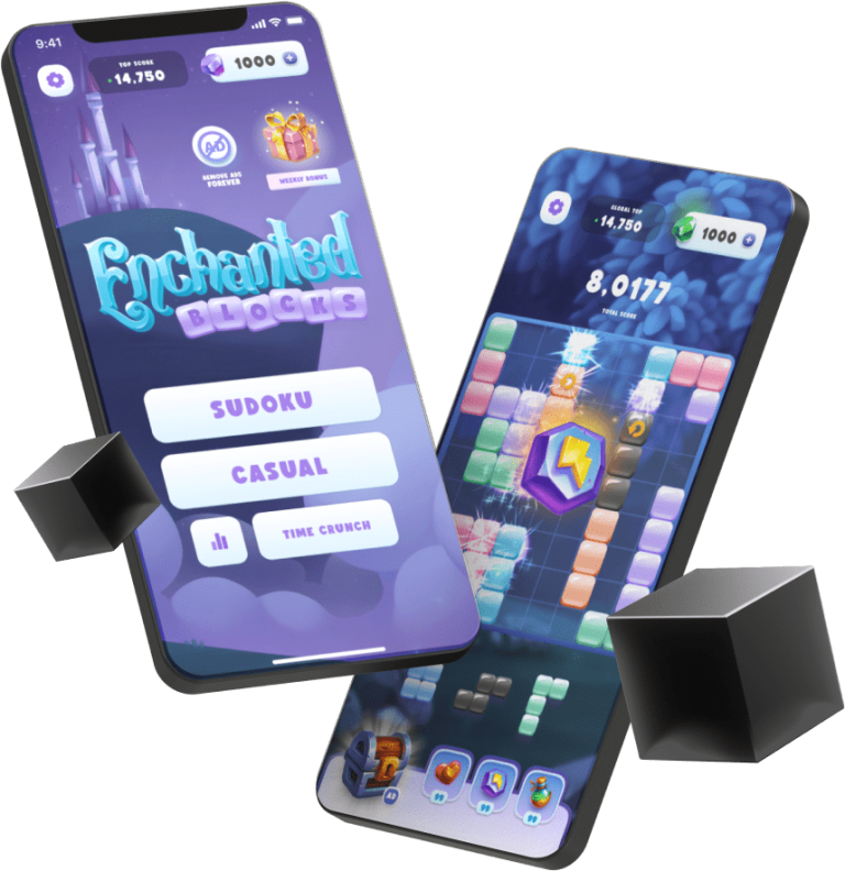 Enchanted Blocks mobile game shown on two phones floating in 3D space with colorful blocks and gem rewards.