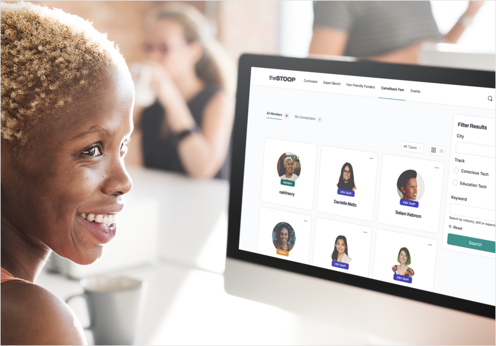 Camelback Ventures member directory interface with filters for city, track, and expertise.