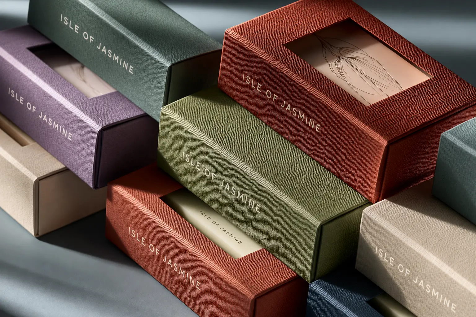 A stack of colorful Isle of Jasmine rigid packaging boxes in rich earth tones, showing foil-stamped logos and premium product packaging details.
