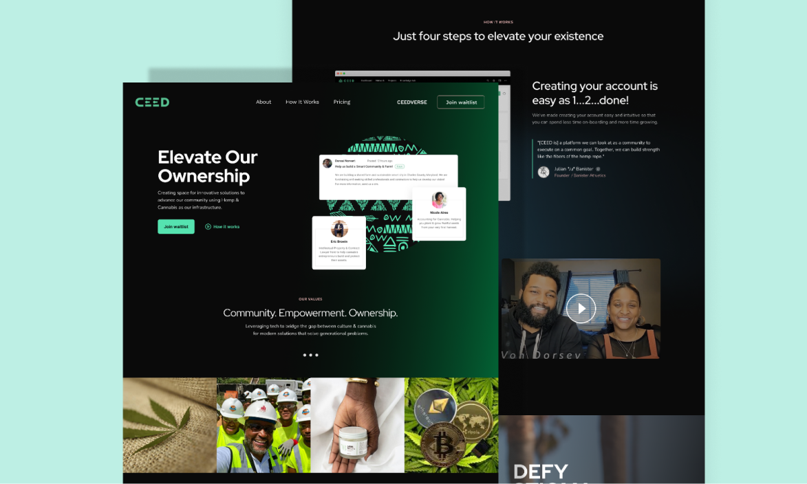 CEED landing page sections showing values, how-it-works steps, and community photography.