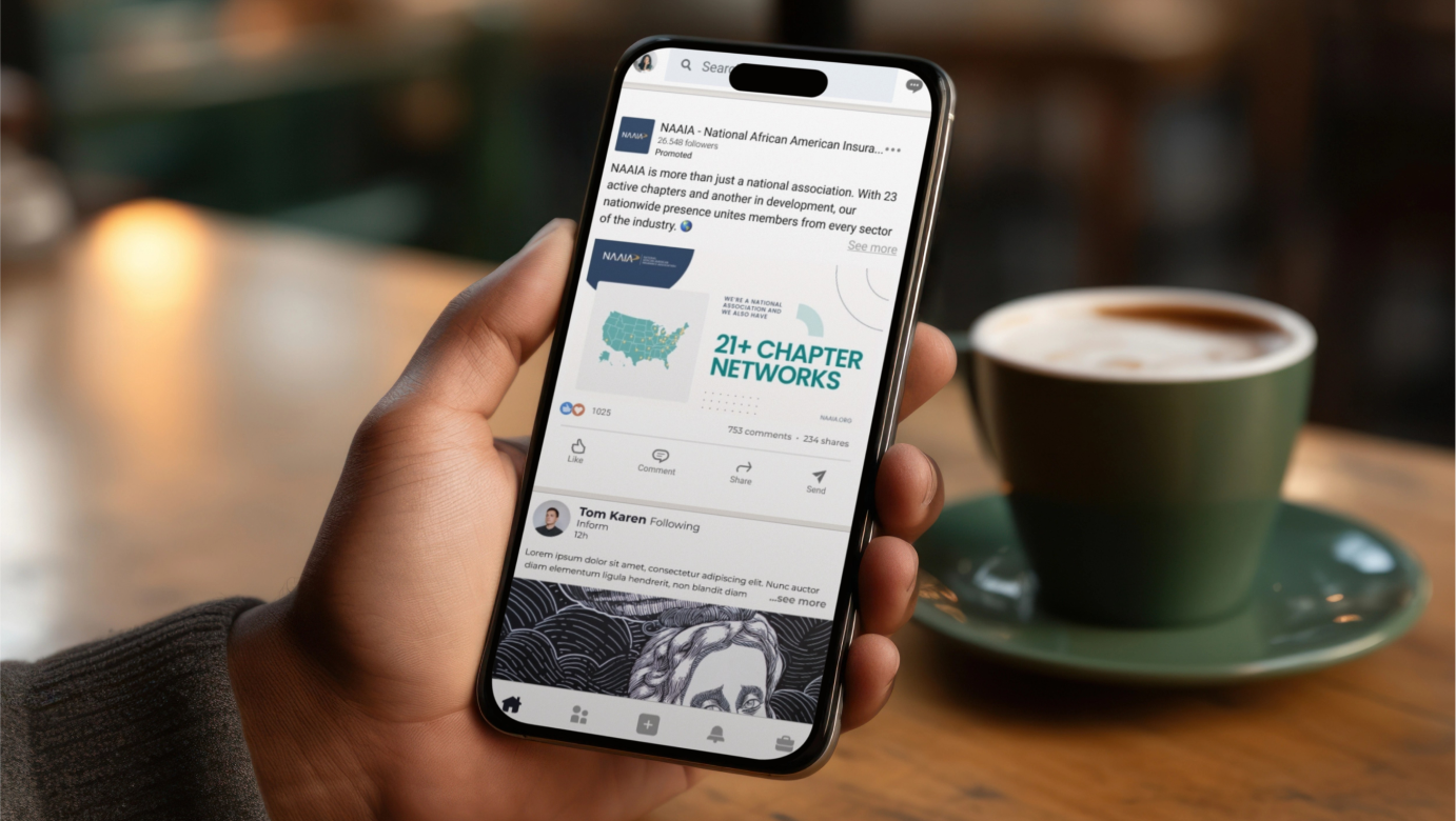 NAAIA LinkedIn campaign creative shown on a phone highlighting 21+ chapter networks.