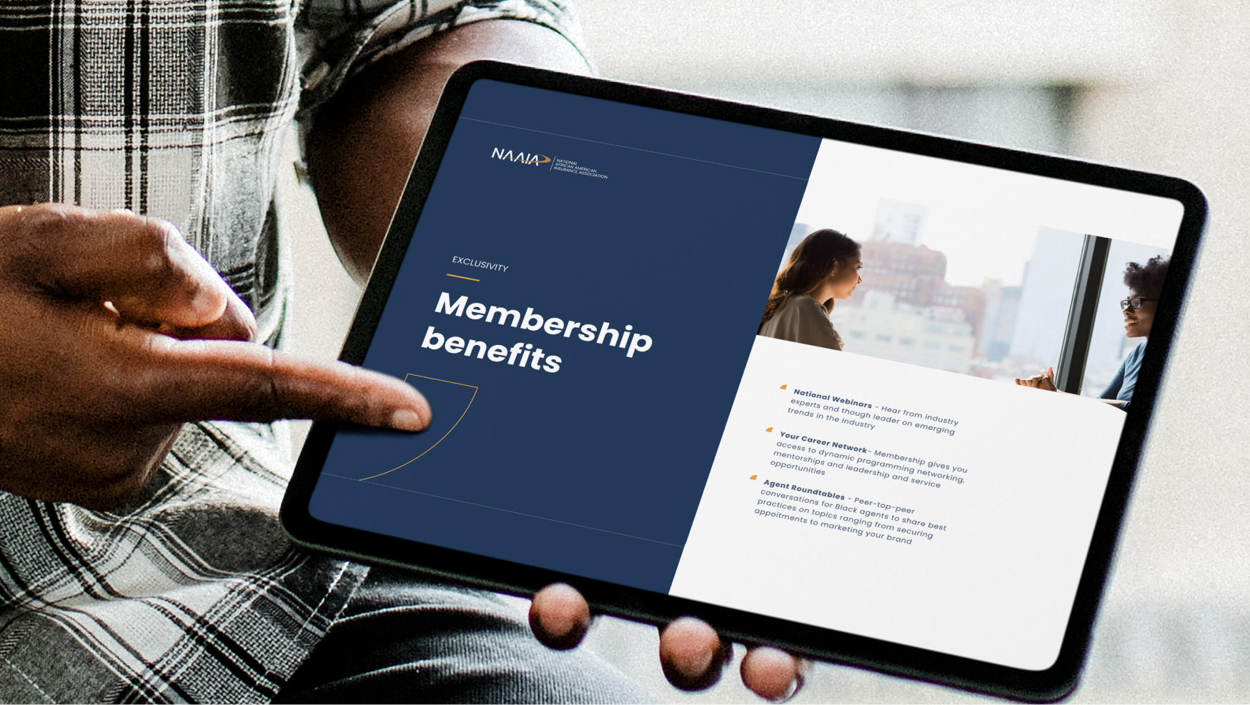 NAAIA membership benefits campaign slide shown on a tablet.