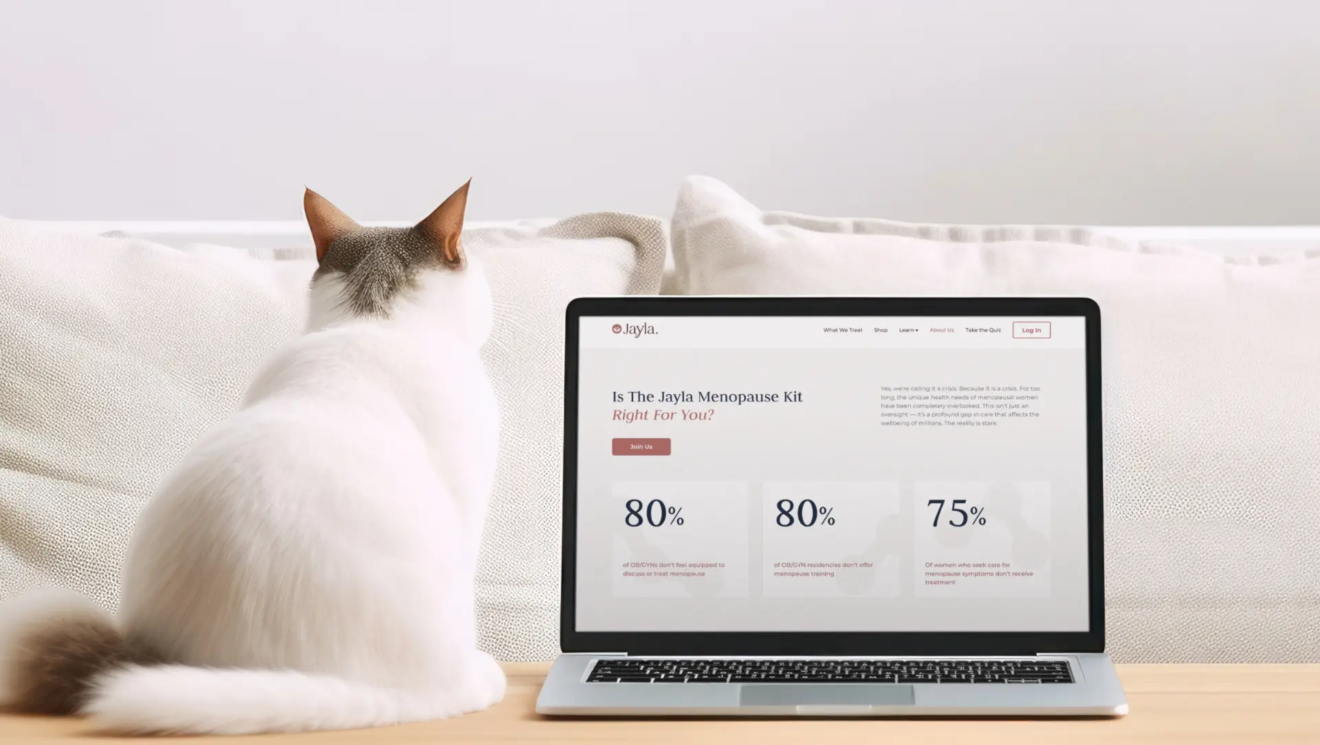 Jayla Health menopause kit landing page with supporting statistics on a laptop.