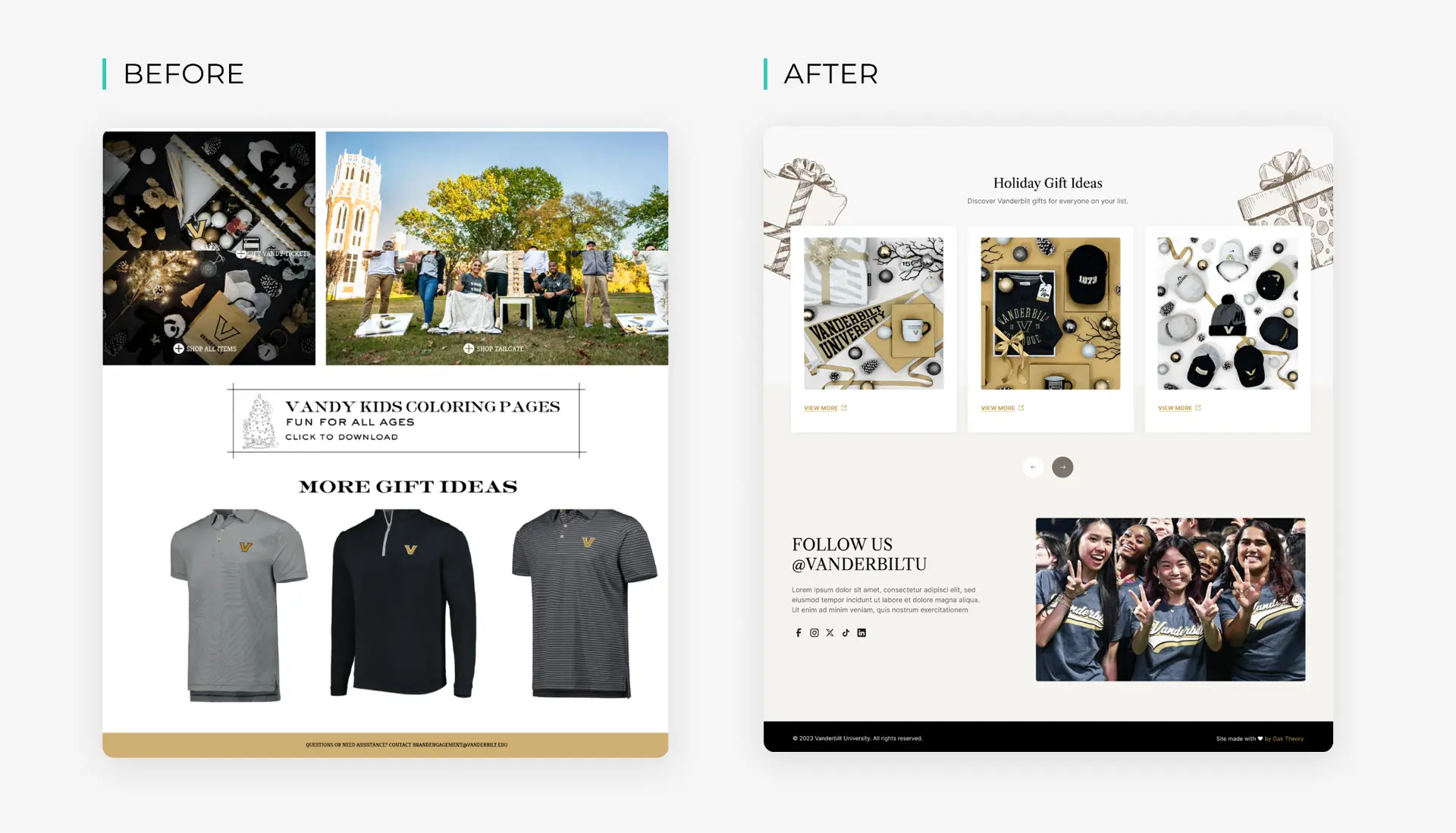 Before and after comparison of the Vanderbilt holiday gift ideas section and footer design.
