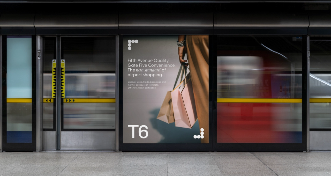 Terminal 6 transit platform advertisement with shopping bags and T6 branding.