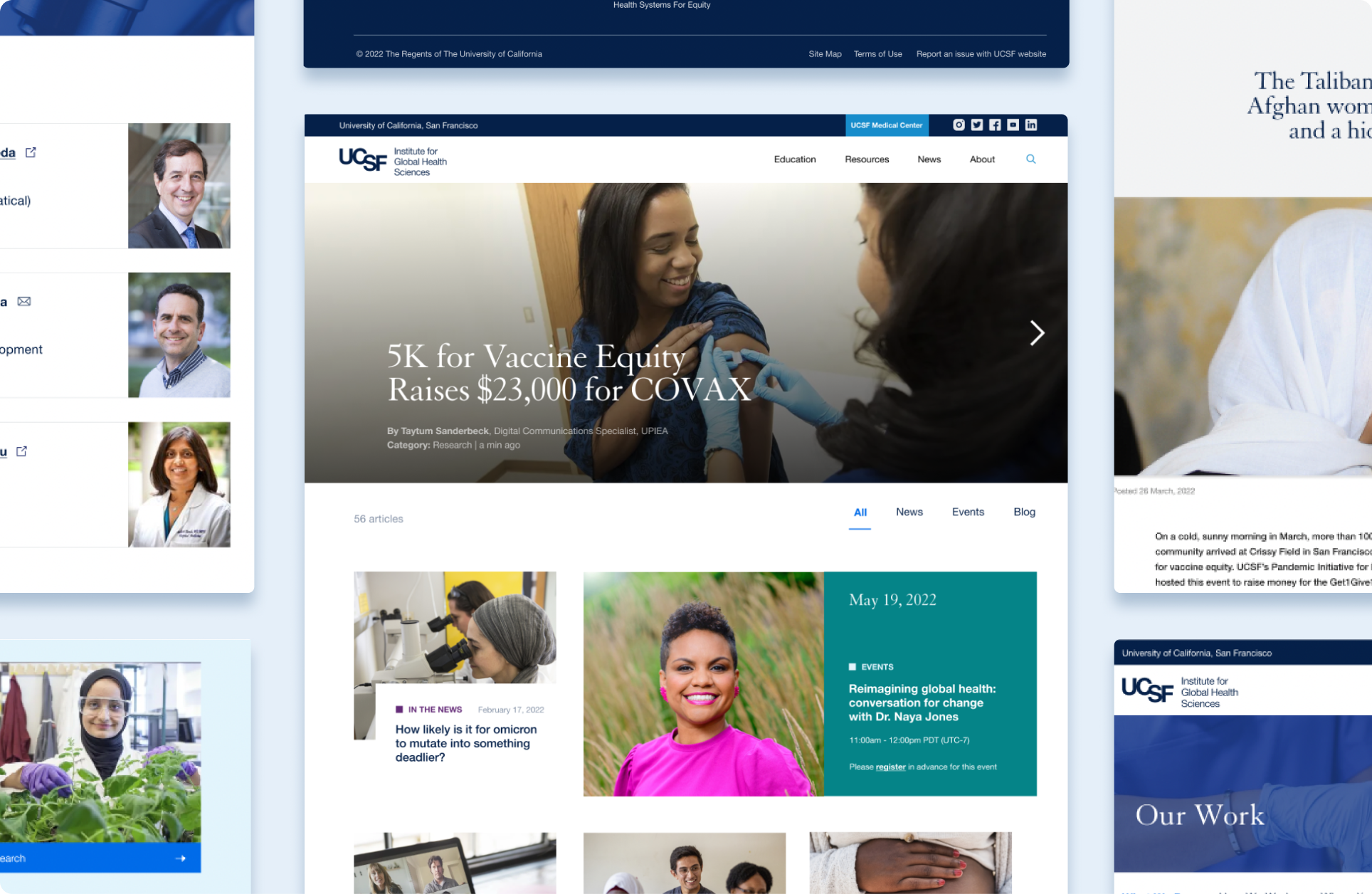 Redesigned UCSF IGHS news, people, and program pages shown together.