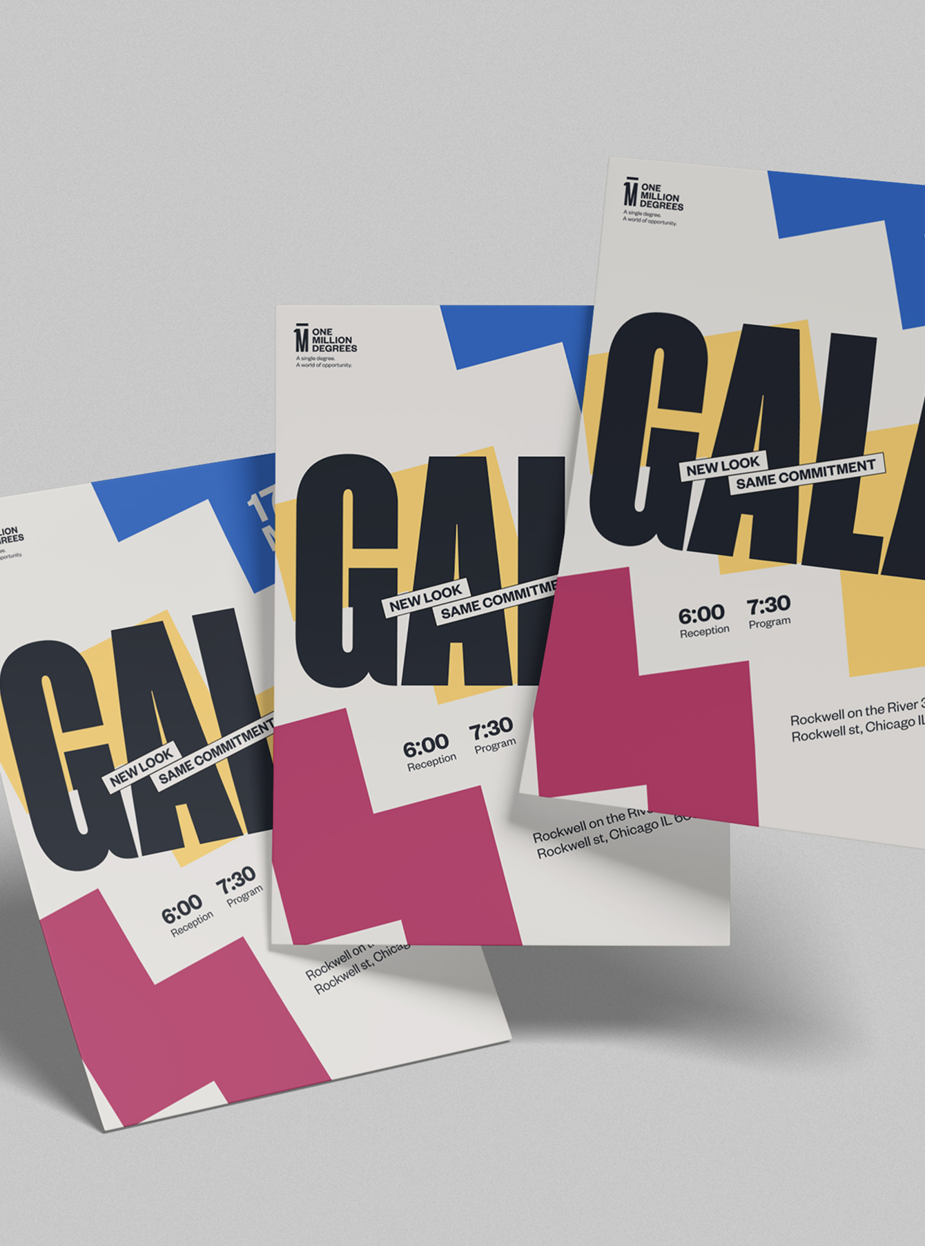One Million Degrees gala invitation posters using the building-block brand system.