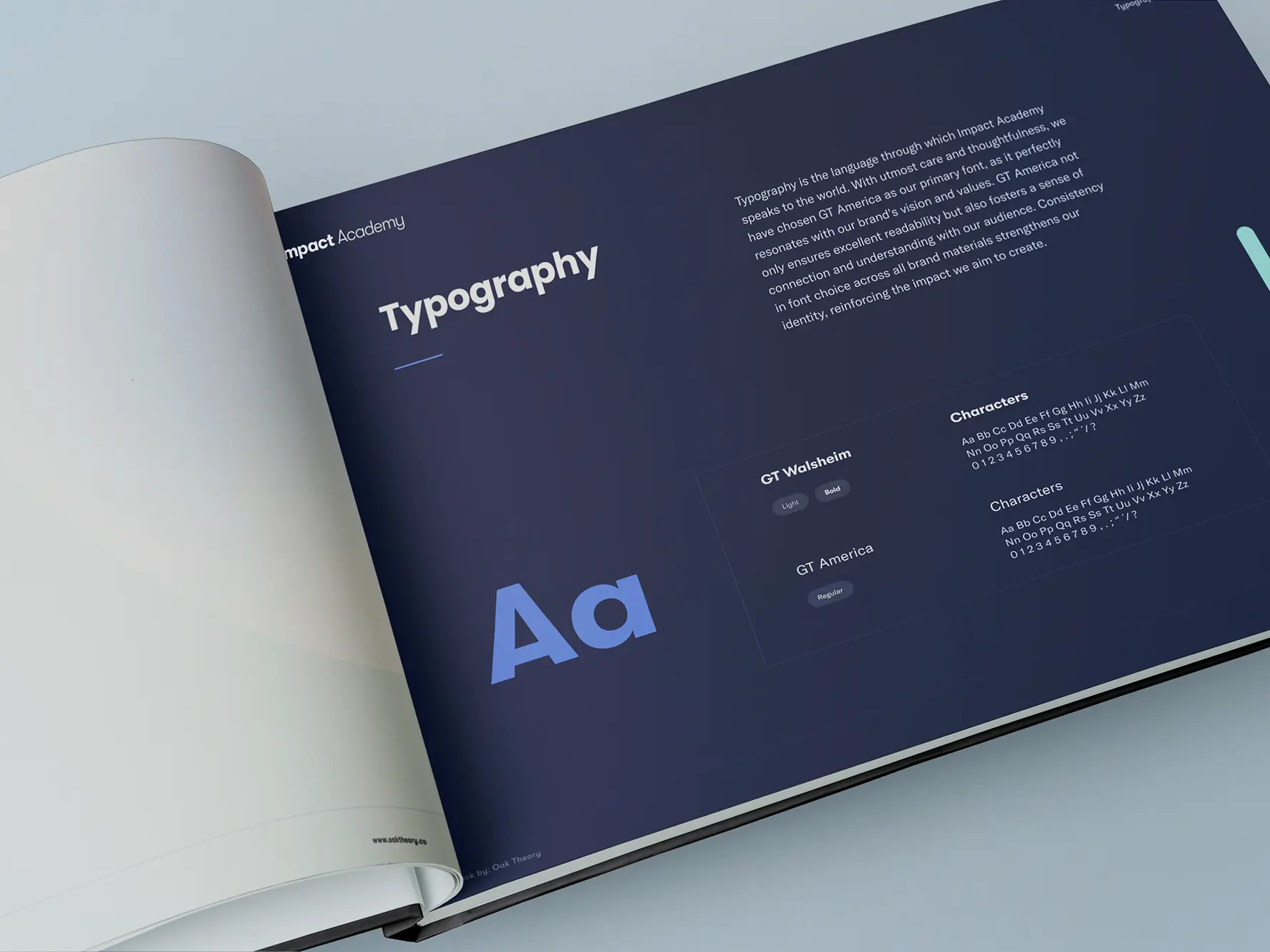 Impact Academy brand book open to the typography page showing GT Walsheim and GT America.