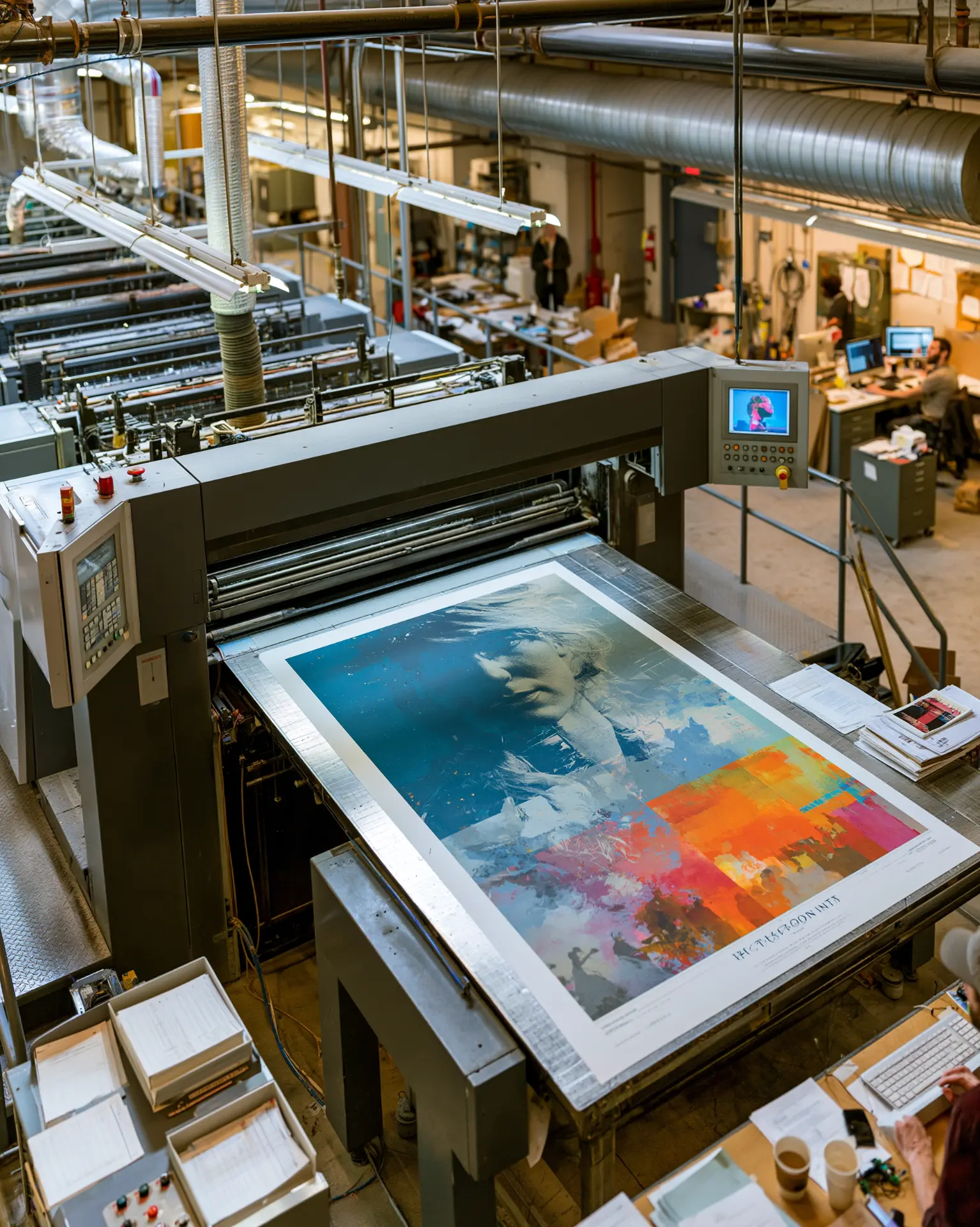 Large-format printing press producing a colorful OOH campaign poster in a production facility.