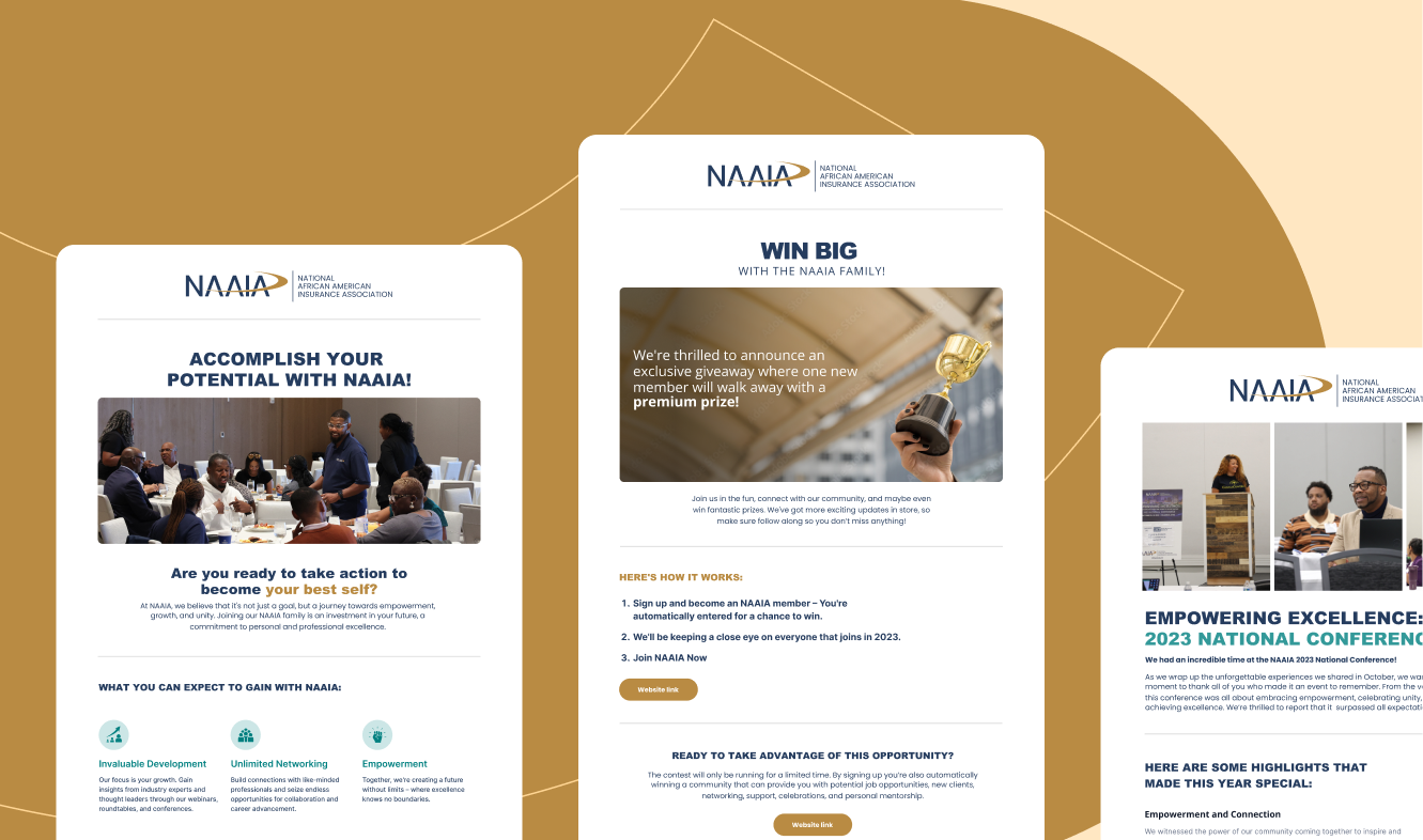 NAAIA email newsletter designs for membership, giveaway, and national conference recaps.