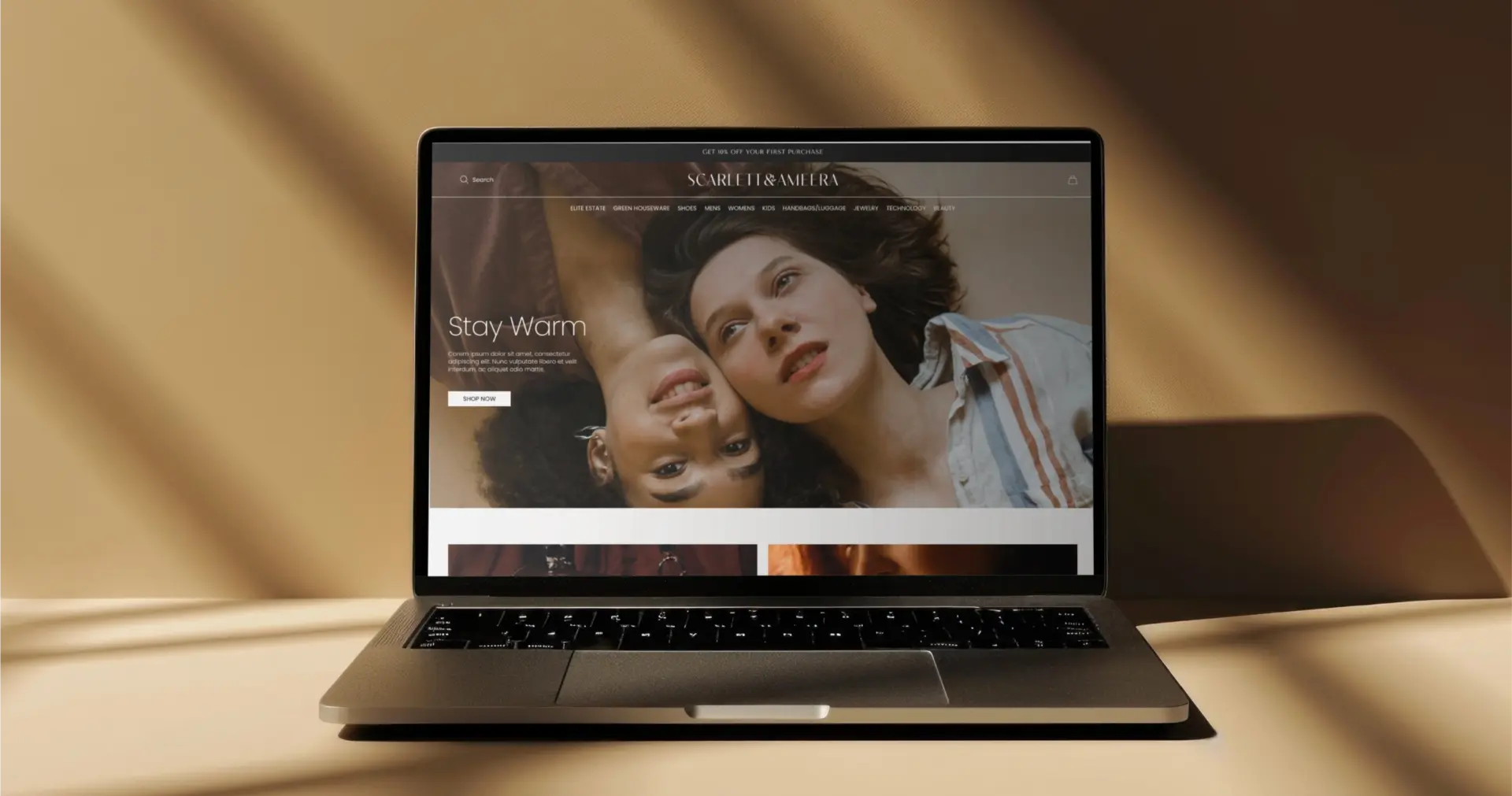 Scarlett & Ameera ecommerce storefront shown on a laptop mockup in warm, natural light.