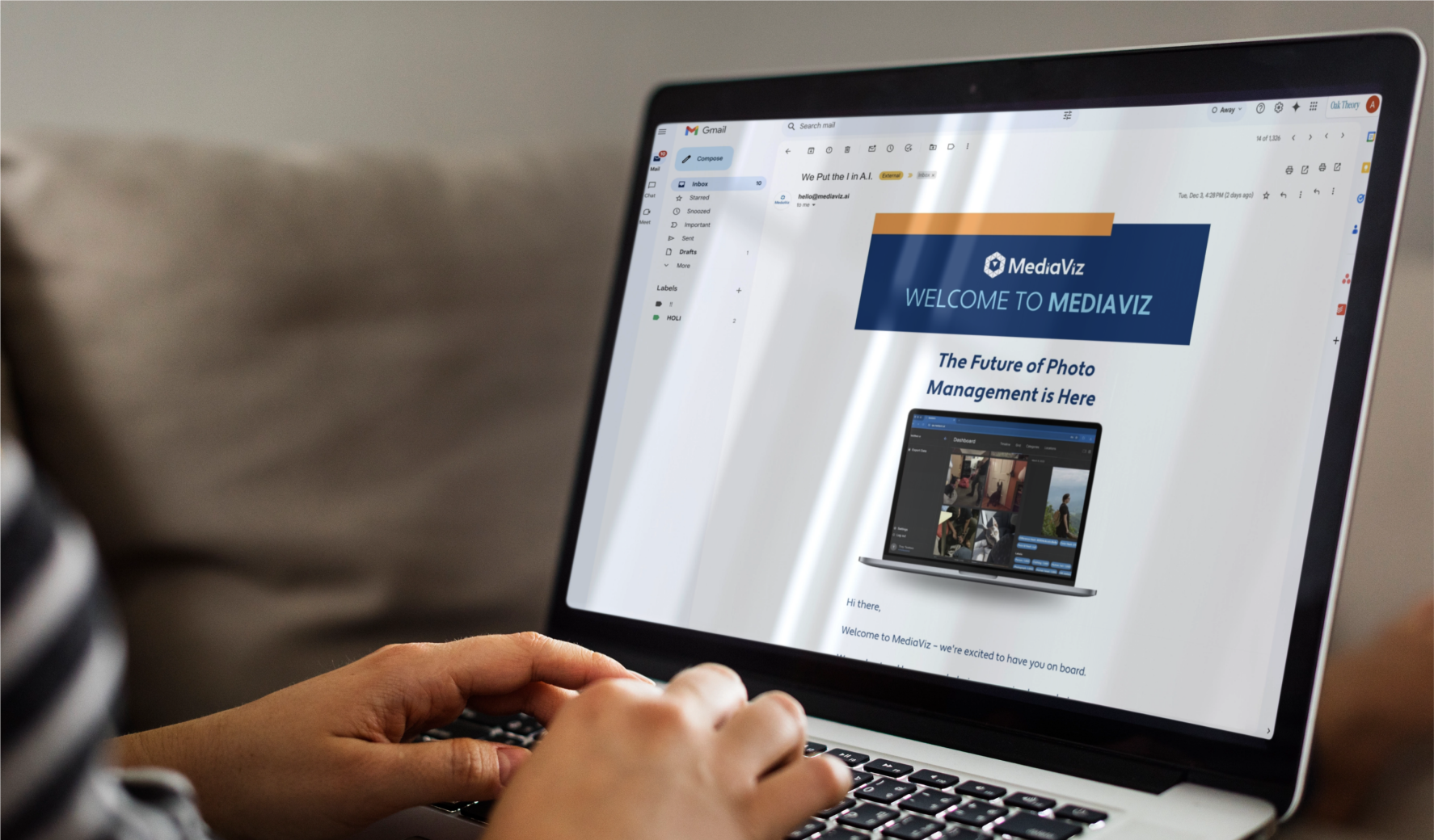 MediaViz welcome email campaign design open on a laptop.