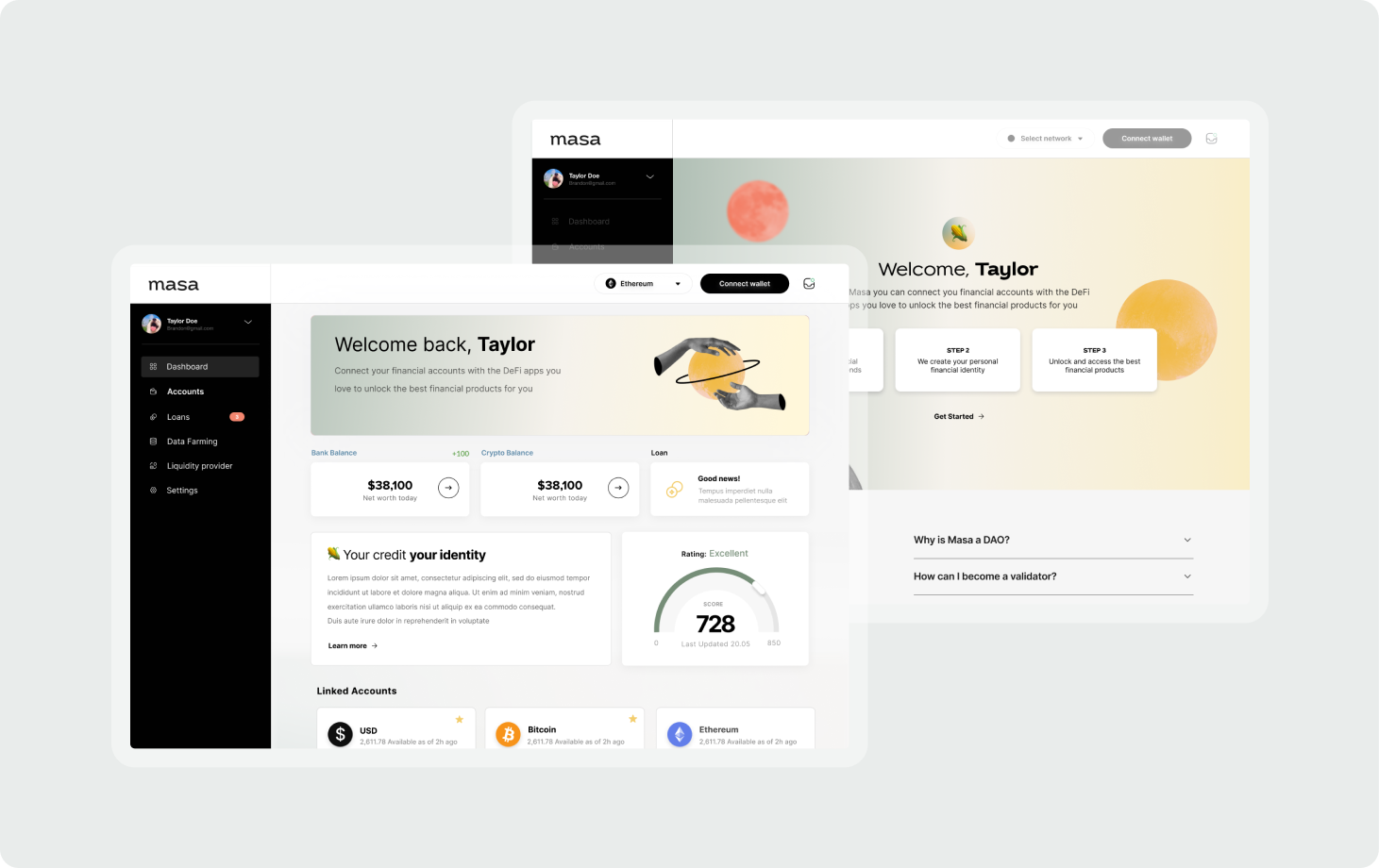 Masa dashboard and welcome flows detail views.
