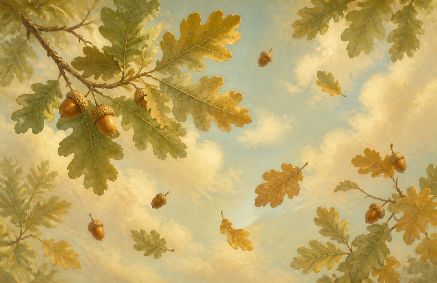 Painterly oak leaves and acorns drifting across a soft sky
