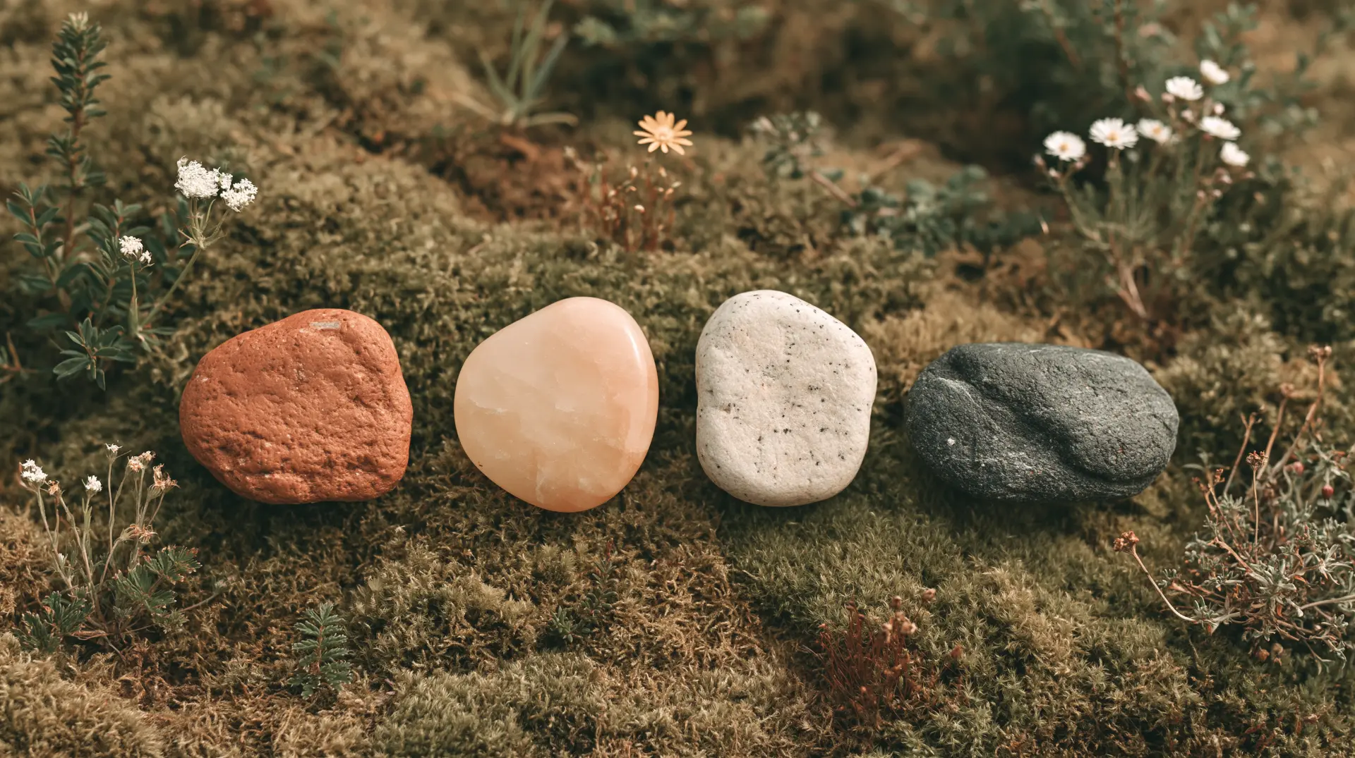 Four stones in terracotta, blush, pale grey, and slate resting in a line on moss