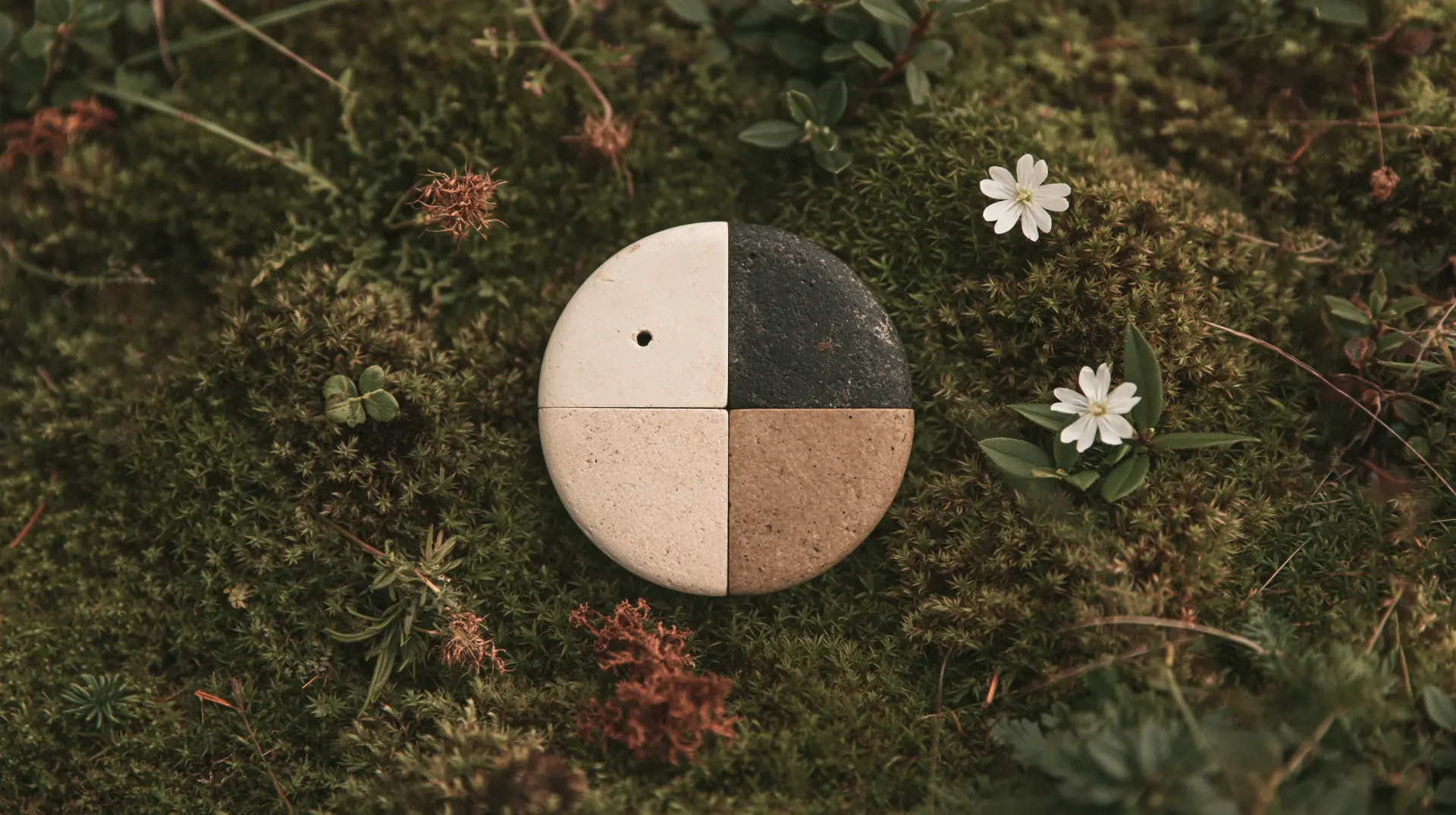 Circular stone disk in four quadrants resting on forest moss, representing the escalation ladder