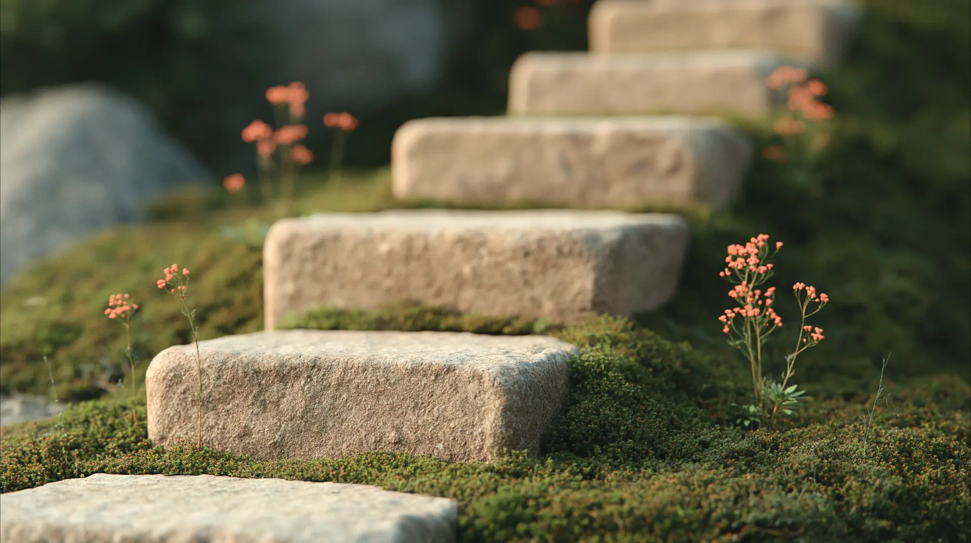 Stone steps rising through moss and small coral wildflowers, suggesting a measured climb