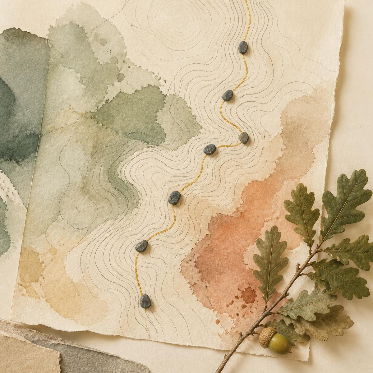Painterly topographic map fragment with a single gold path threading between contour lines