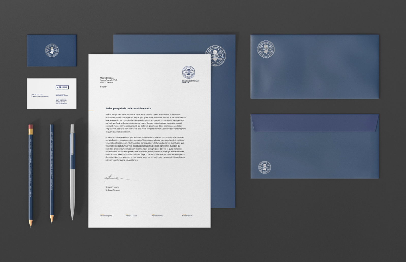 NJPLIGA stationery system with business cards, letterhead, envelopes, and branded pencils.