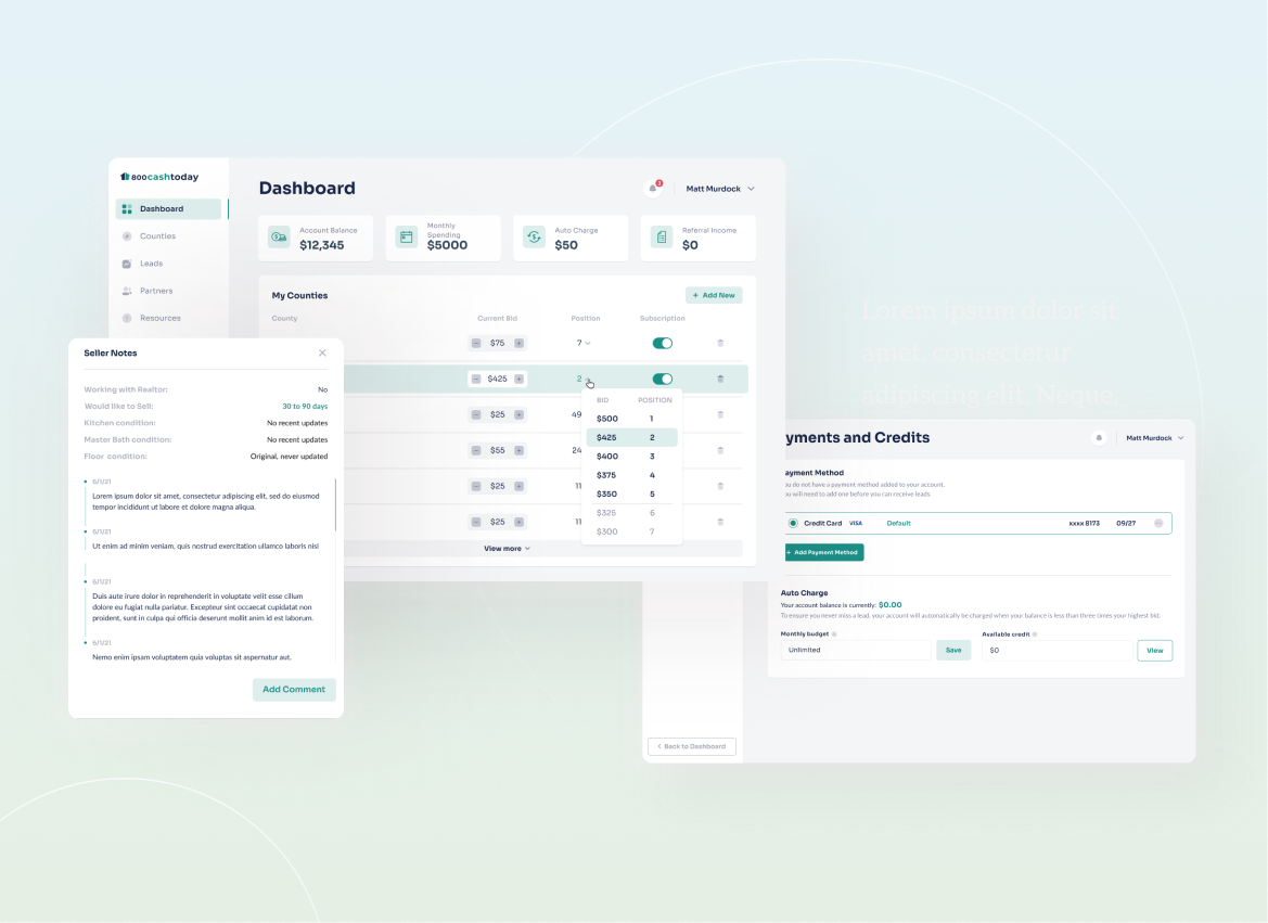 800 Cash Today investor dashboard, seller notes panel, and payments and credits screens.