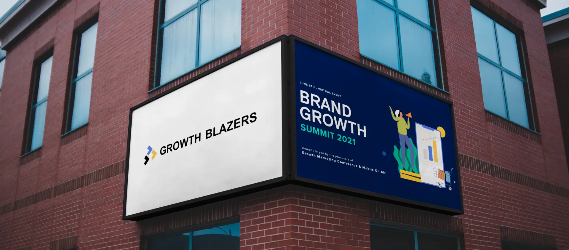 Growth Blazers logo and Brand Growth Summit signage on a building corner.