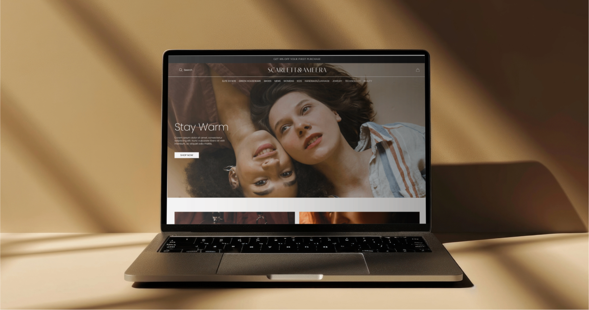Scarlett&Ameera luxury ecommerce homepage on laptop.