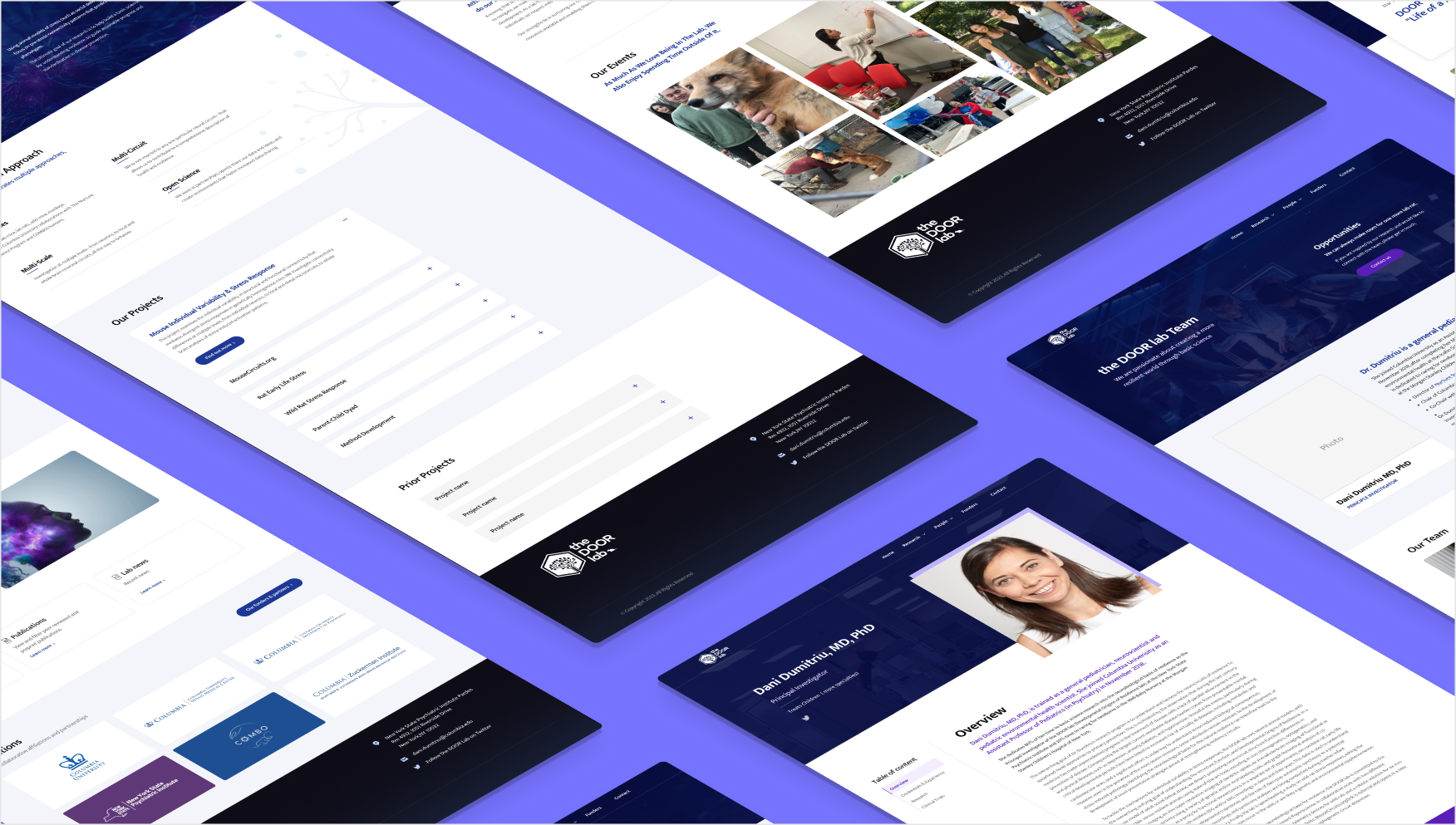 The DOOR Lab website page designs including the Publications, Team, and Our Projects layouts.