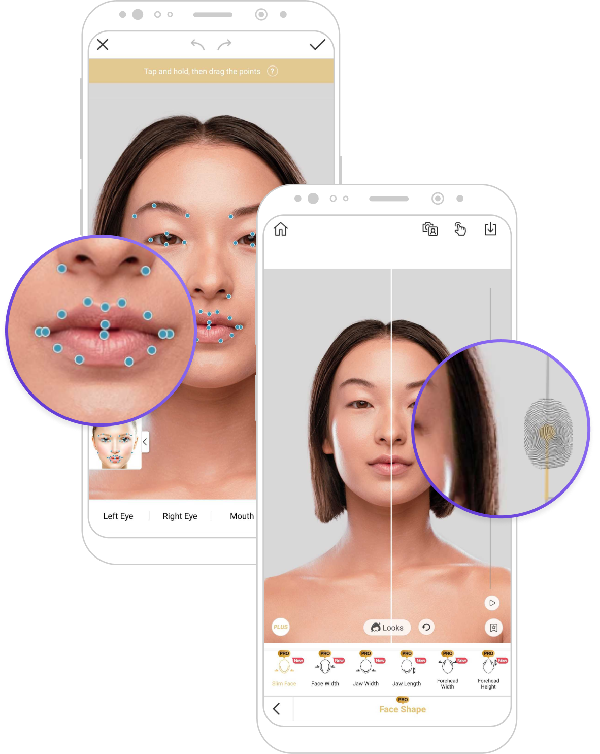Mobile app screens with zoomed-in callouts highlighting interface details.