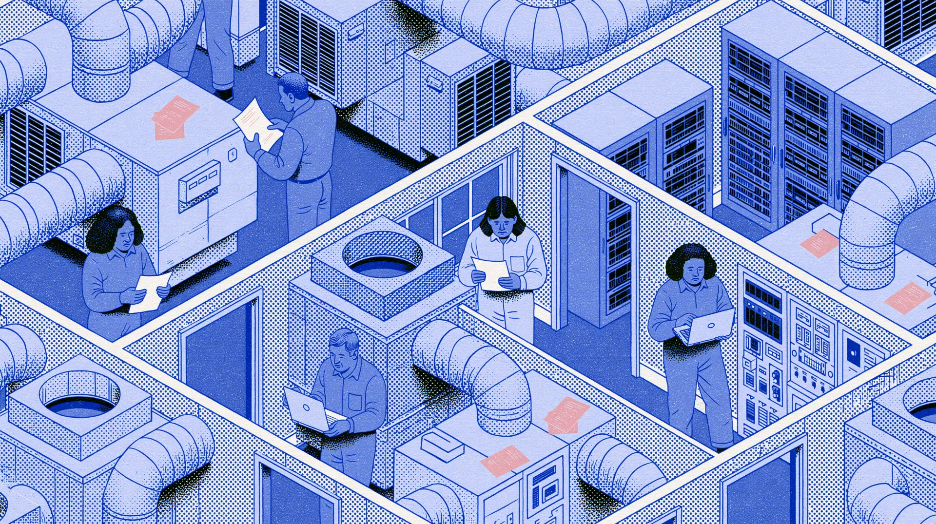 Isometric blue illustration of technicians reviewing systems across facility rooms.