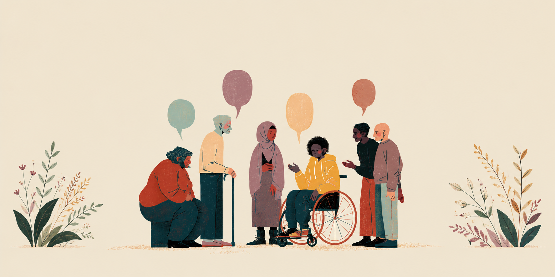 A diverse group of people gathered in conversation, framed by plants and empty speech bubbles.
