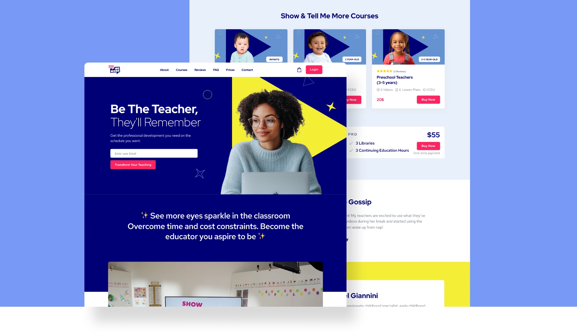 Show & Tell Me More courses platform website design.