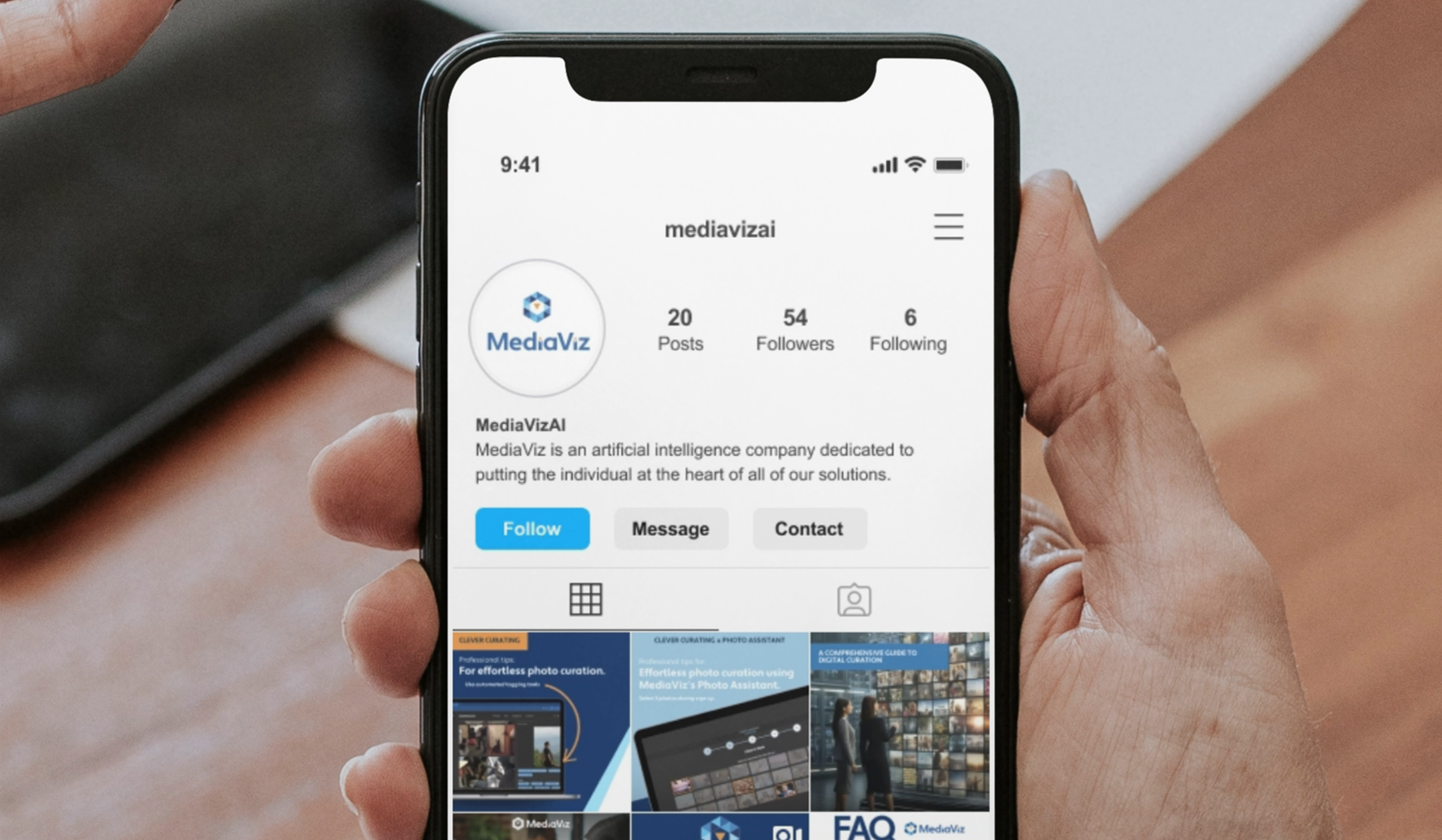 MediaViz AI Instagram profile and content grid on a phone.