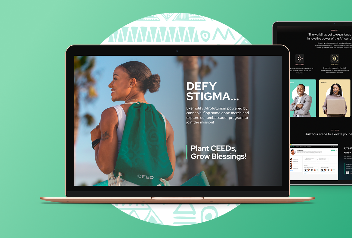 CEED landing page design shown on a laptop with branded merchandise photography.