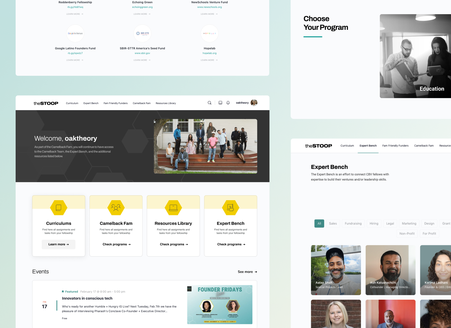 Camelback Ventures fellow dashboard design with curriculum, Expert Bench, and events modules.