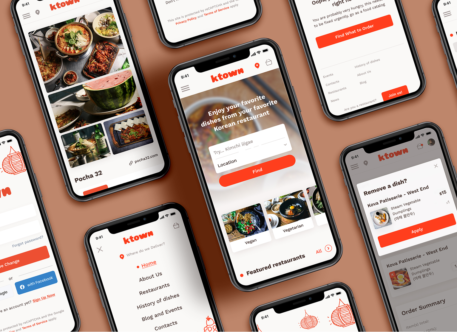 ktown Korean food delivery app shown across multiple iPhone mockups with browsing, menu, and checkout screens.