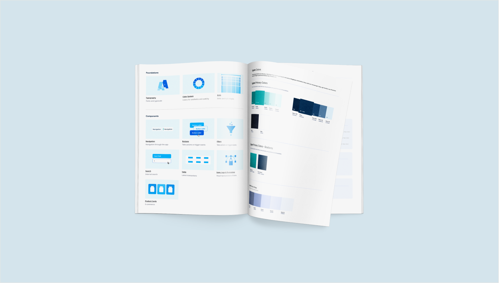 Lynx design system booklet spread showing foundations, components, and color palettes.