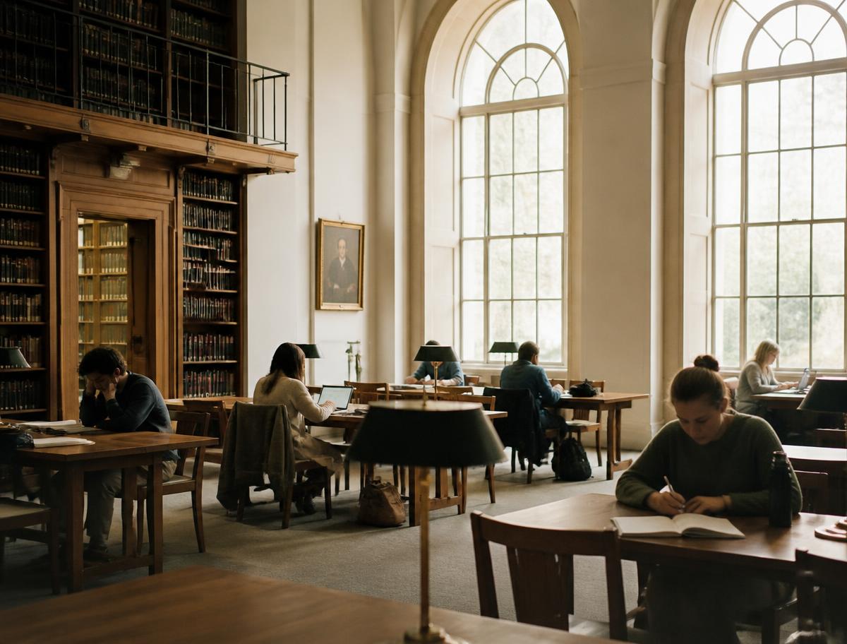 University library reading room with arched windows and long study tables