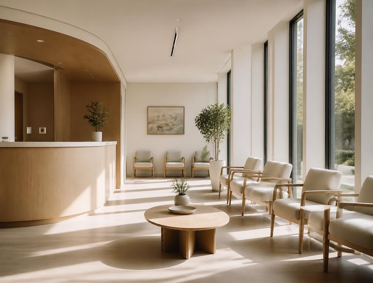 Sunlit modern healthcare clinic waiting area with warm wood reception desk