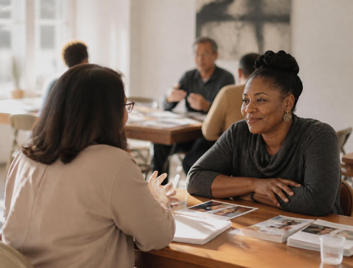 Two people meeting across a table with printed program materials